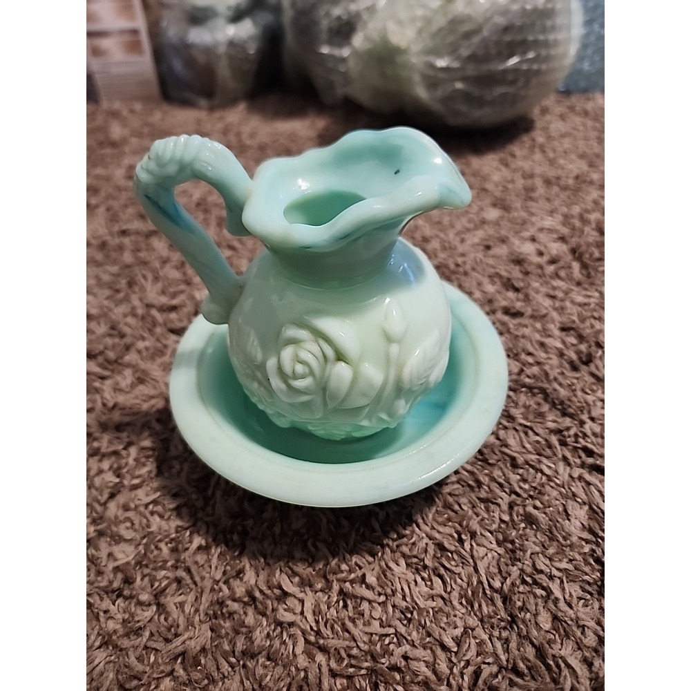 Vintage Avon Green Swirl Milk Glass Rose Mini Bowl and Pitcher Set. No Topper.